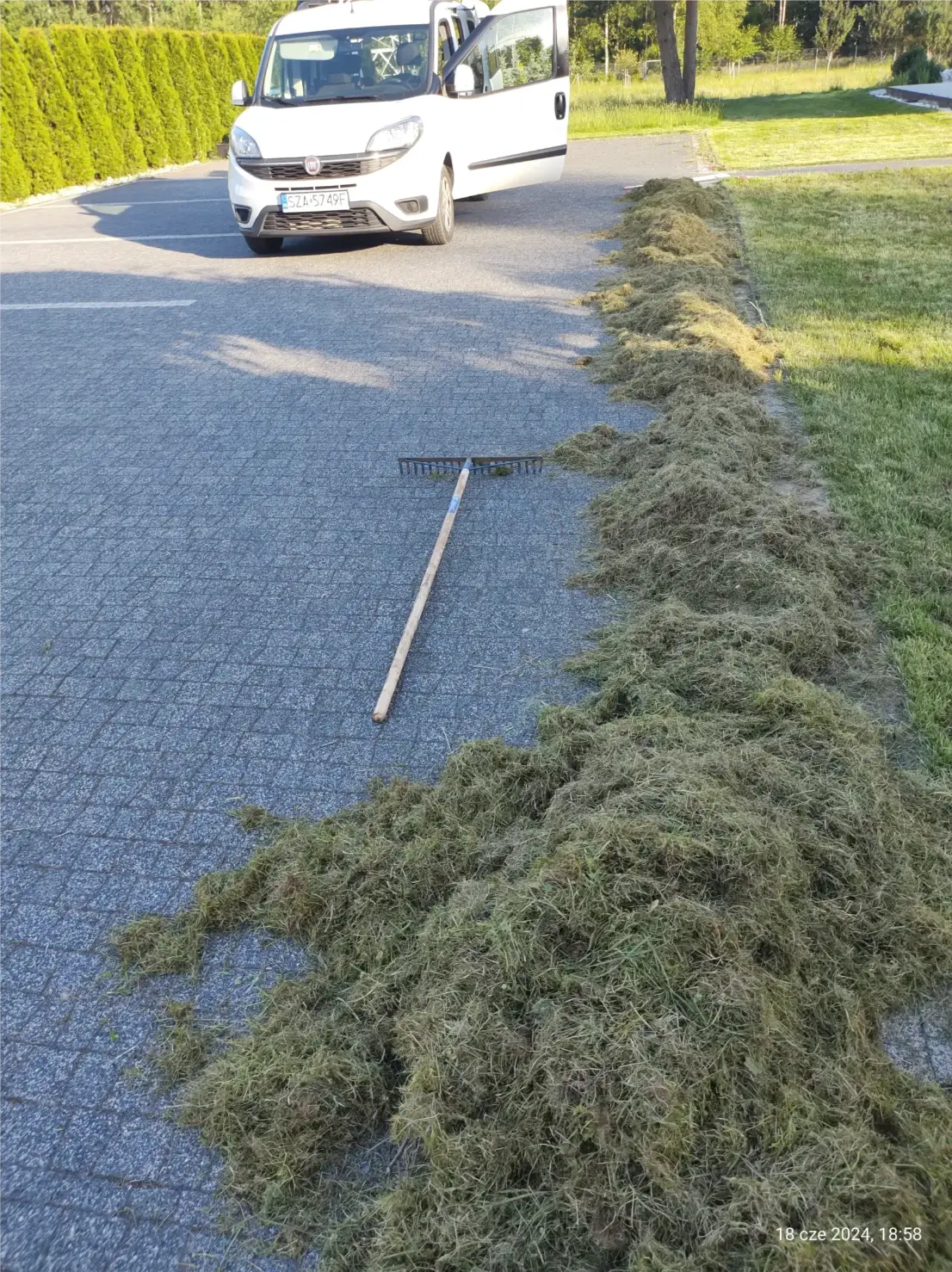 Pokoszona trawa uformowana w wały na podjeździe obok firmowego vana i grabii – koszenie trawy