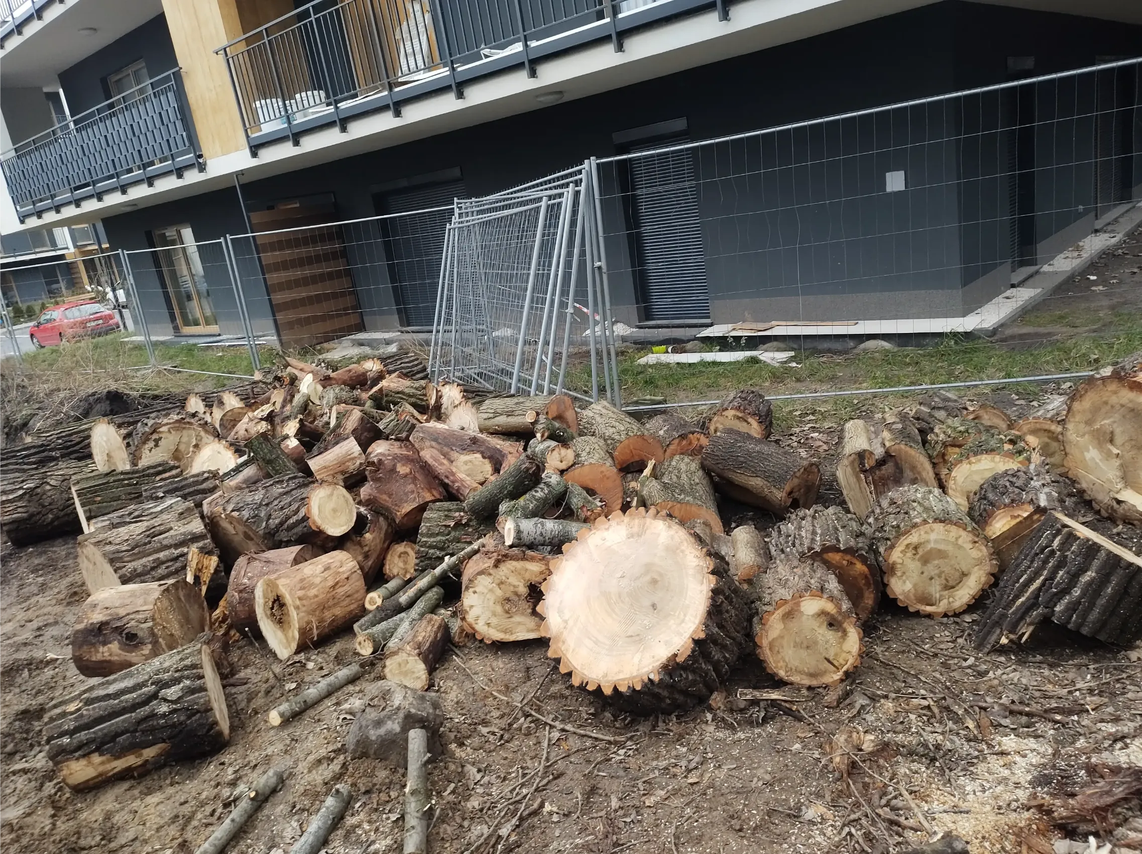 Stos pociętych pniaków i kłód drewna przy budynku – karczowanie działek